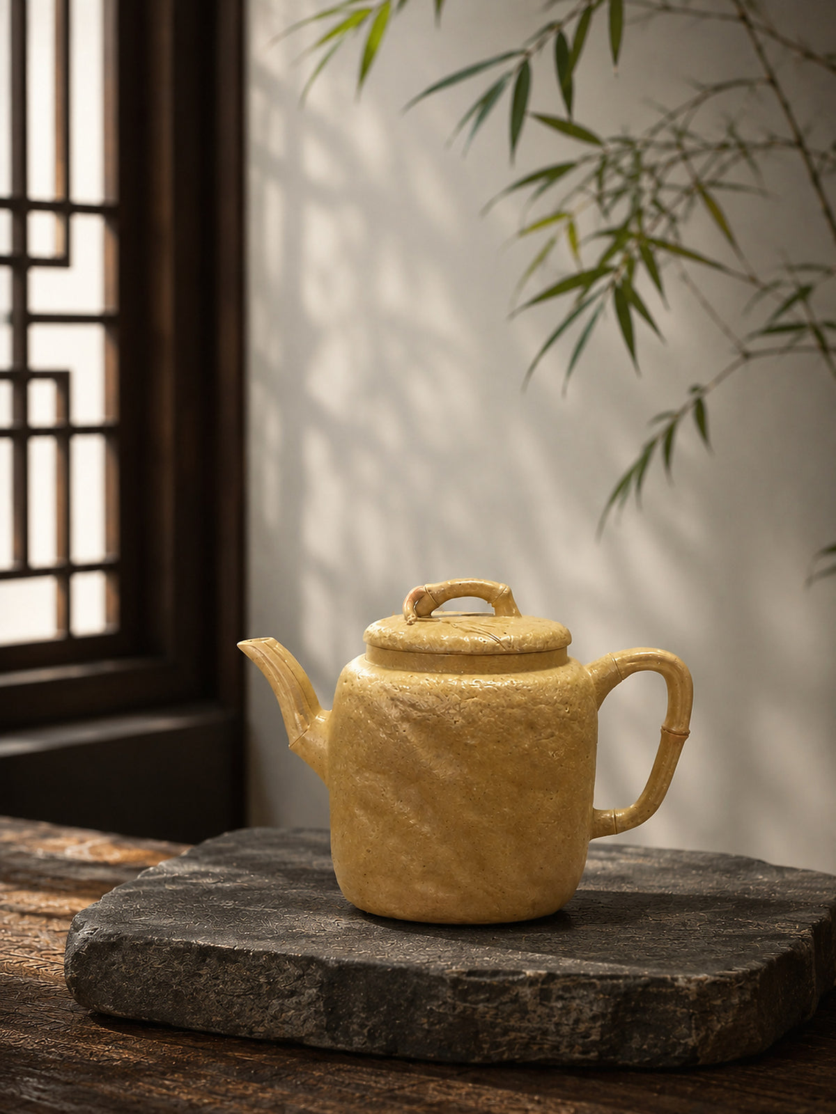 Square Form Yixing teapot in aged Duanni, front view on a dark stone slab