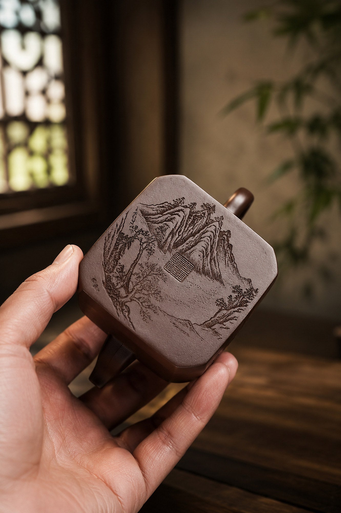 Product view 3 of 160ml Square Form zisha teapot in Aged Zini Clay, No. 340