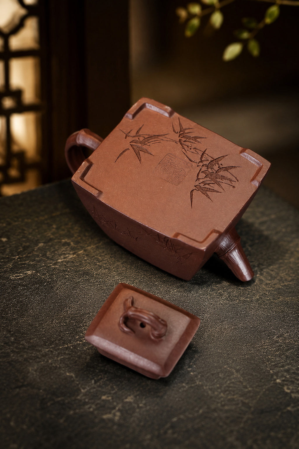 Product view 3 of 80ml Square Form zisha teapot in Dicaoqing Zini Clay, No. 360