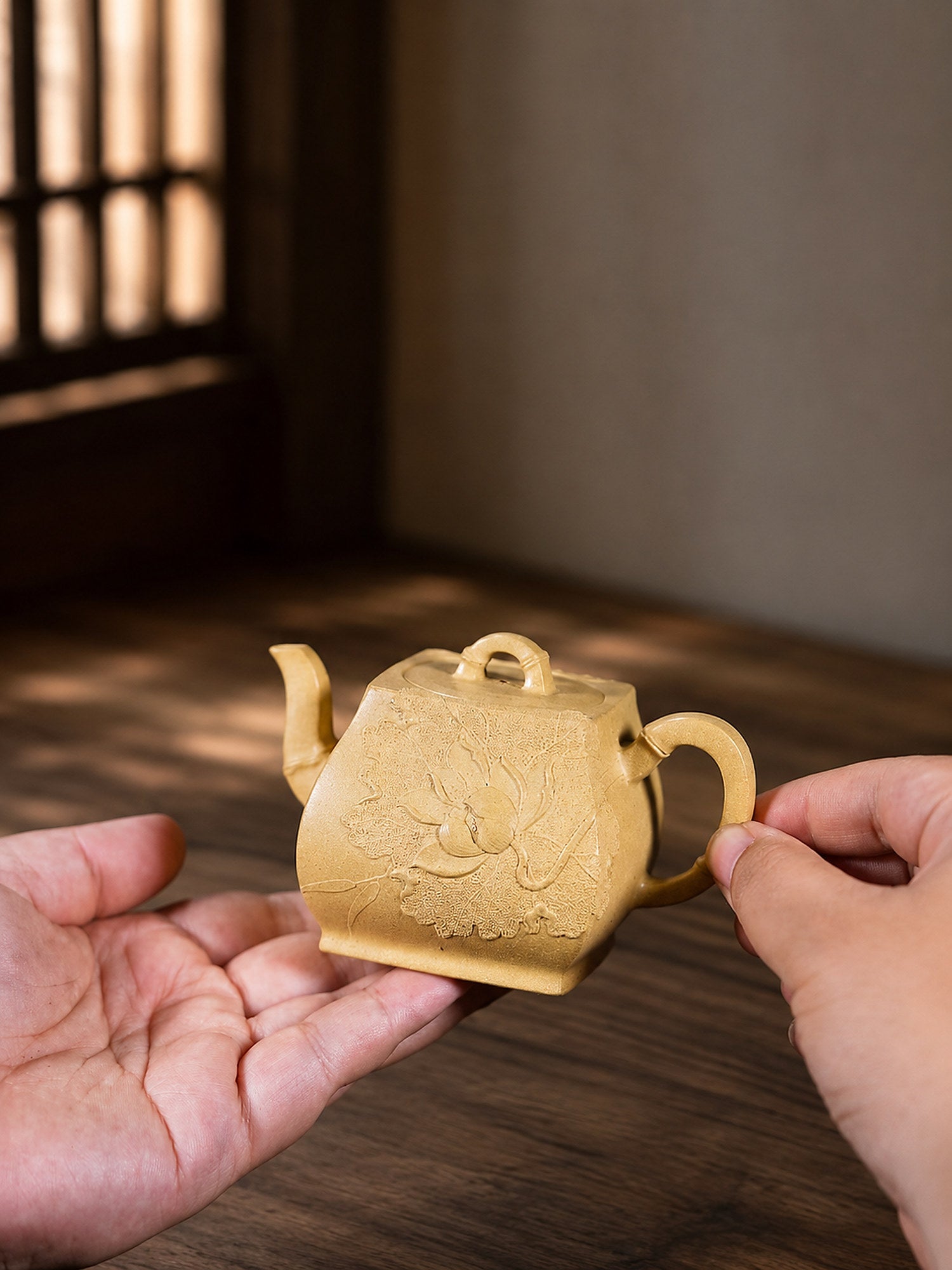 Product view 2 of 180ml Square Form zisha teapot in Golden Duanni Clay, No. 427
