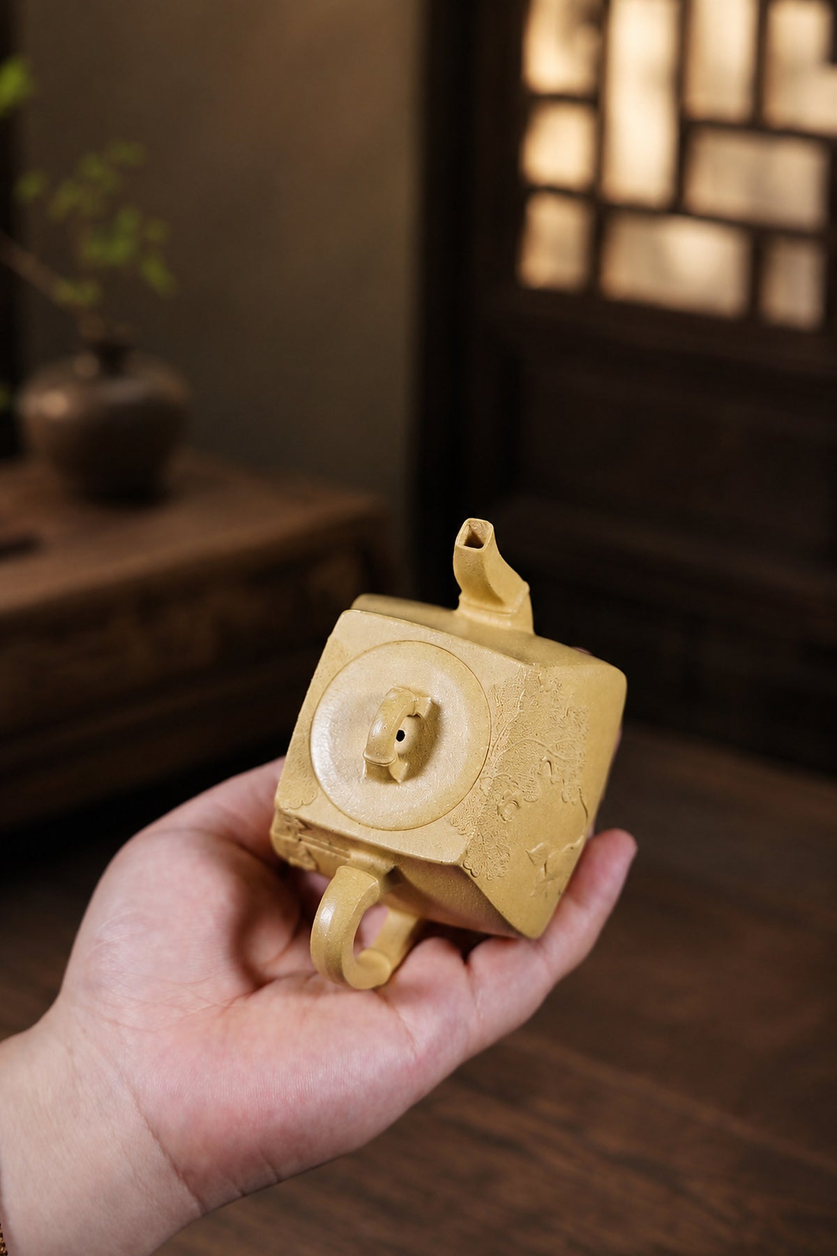 Product view 7 of 180ml Square Form zisha teapot in Golden Duanni Clay, No. 427
