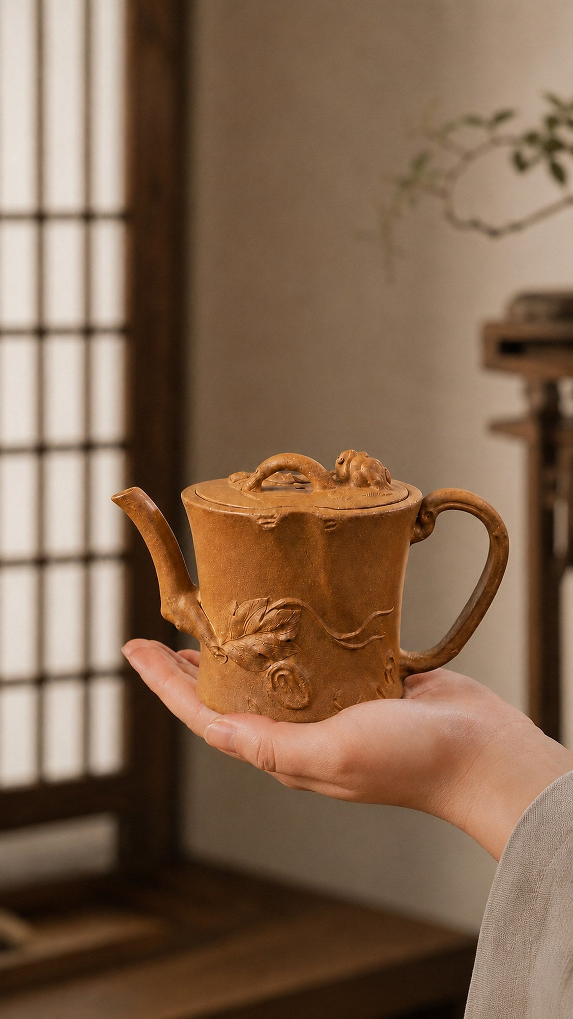 Product view 2 of 130ml Tree-Trunk Sculptural Form zisha teapot in Yellow Jiangponi Clay, No. 014