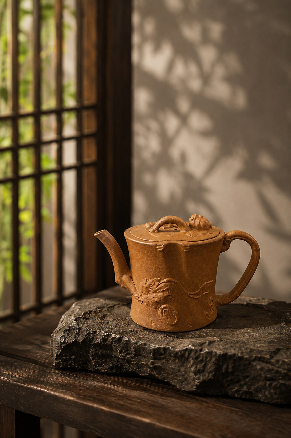 Tree-trunk-form Yixing teapot in yellow Jiangponi, left profile on a rough stone slab