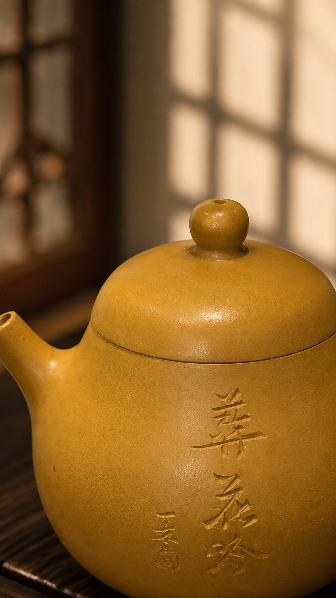 Golden Duanni Wendan teapot lid and calligraphy close-up