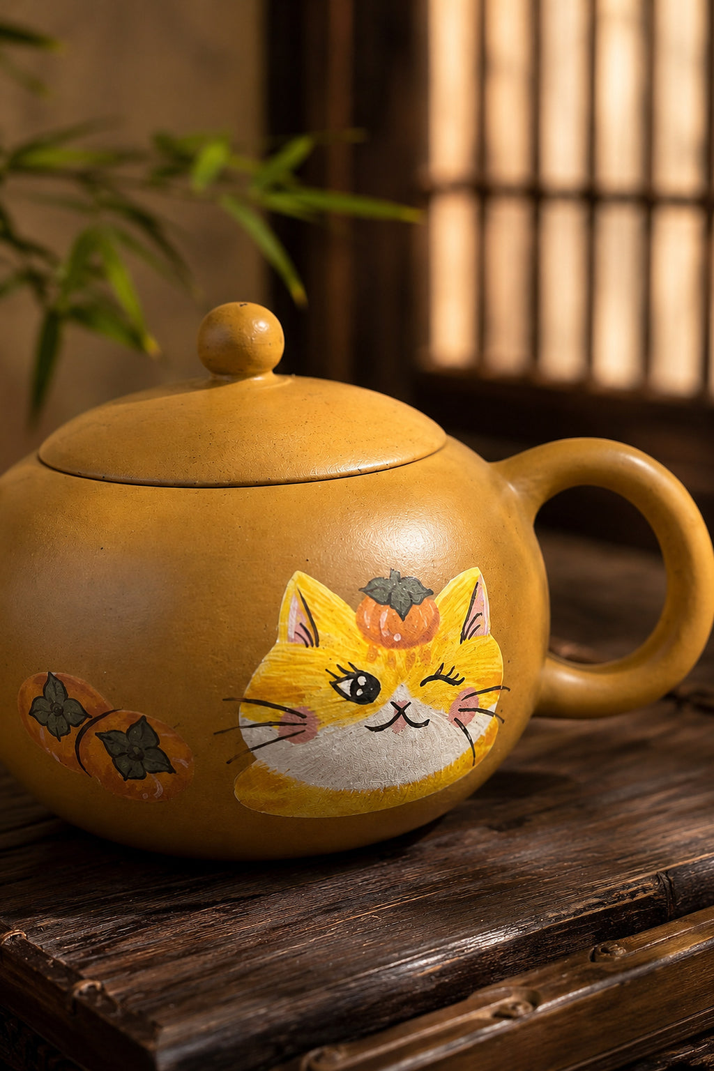 Golden Duanni Xishi teapot close-up of cat artwork