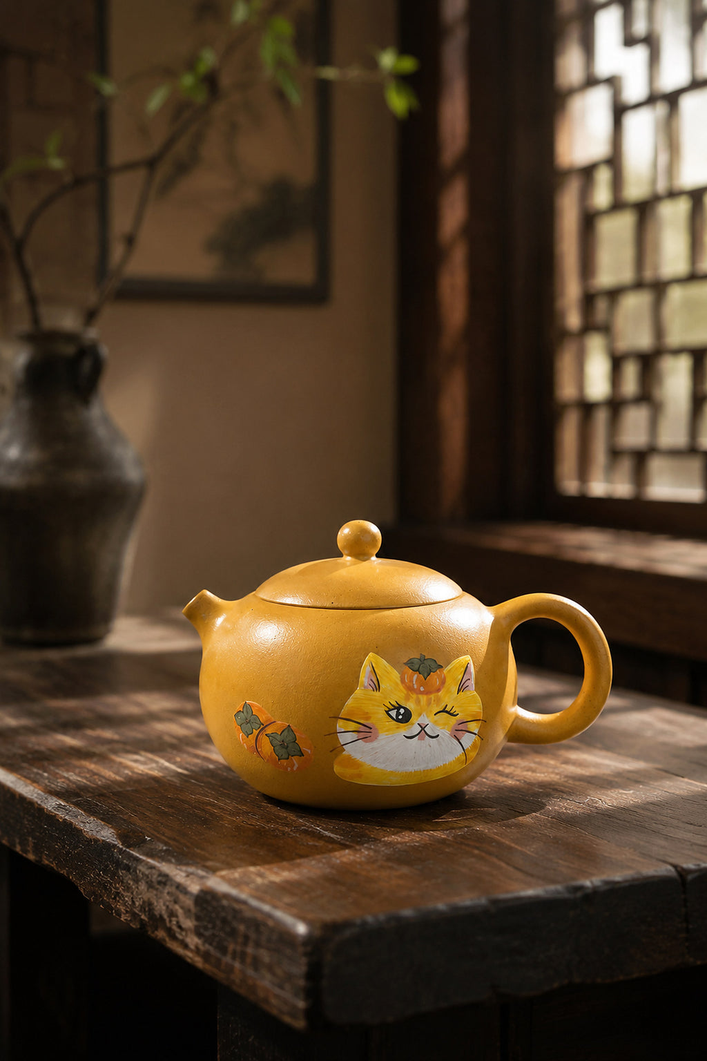 Golden Duanni Xishi teapot with cat design, full side view