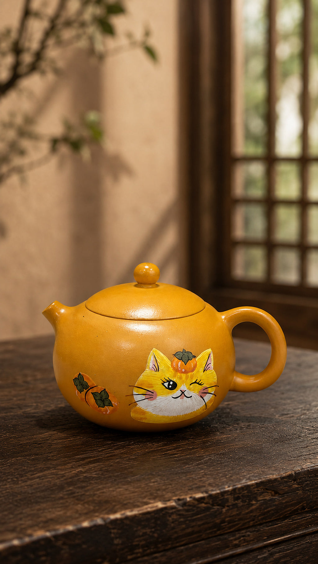 Cat-decorated Golden Duanni Xishi teapot on dark wood