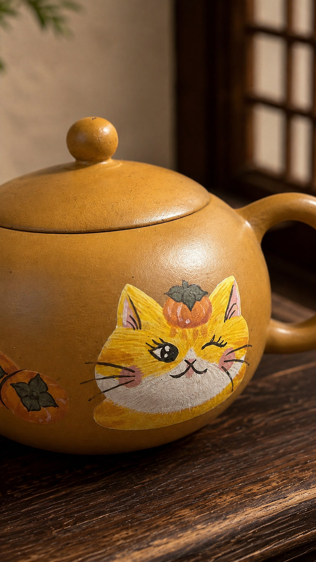 Golden Duanni Xishi teapot close-up of winking cat illustration