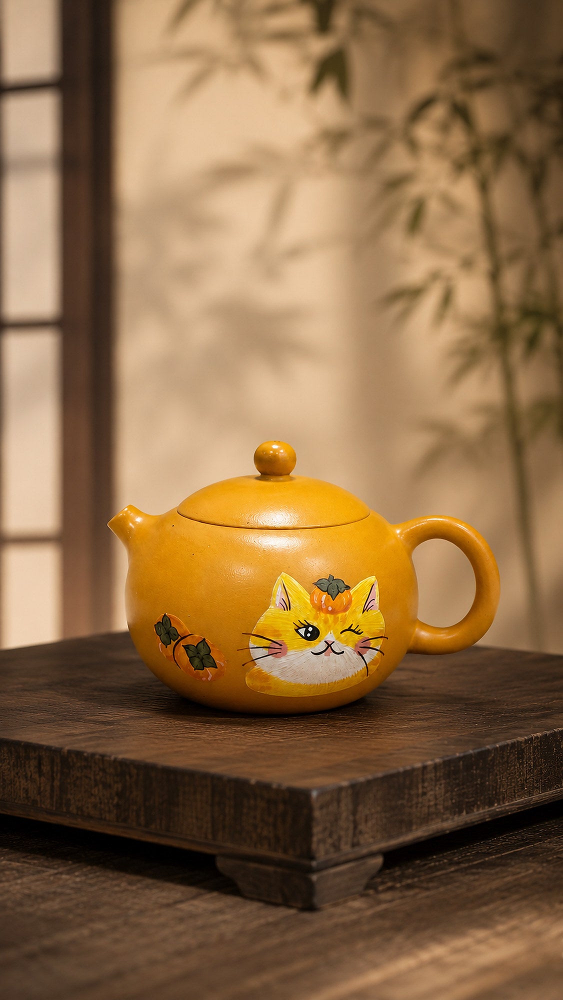 Golden Duanni Xishi cat teapot in warm bamboo light