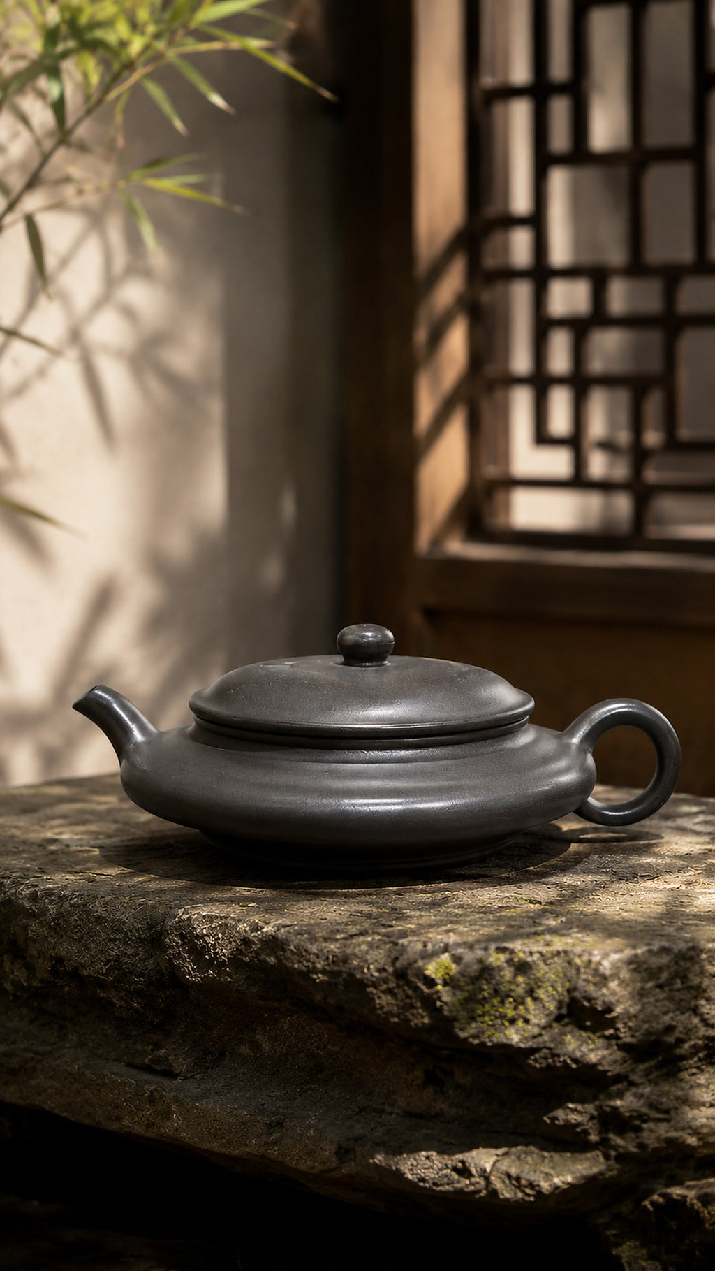 Tianqingni Chao Xu Bian teapot displayed on rough stone
