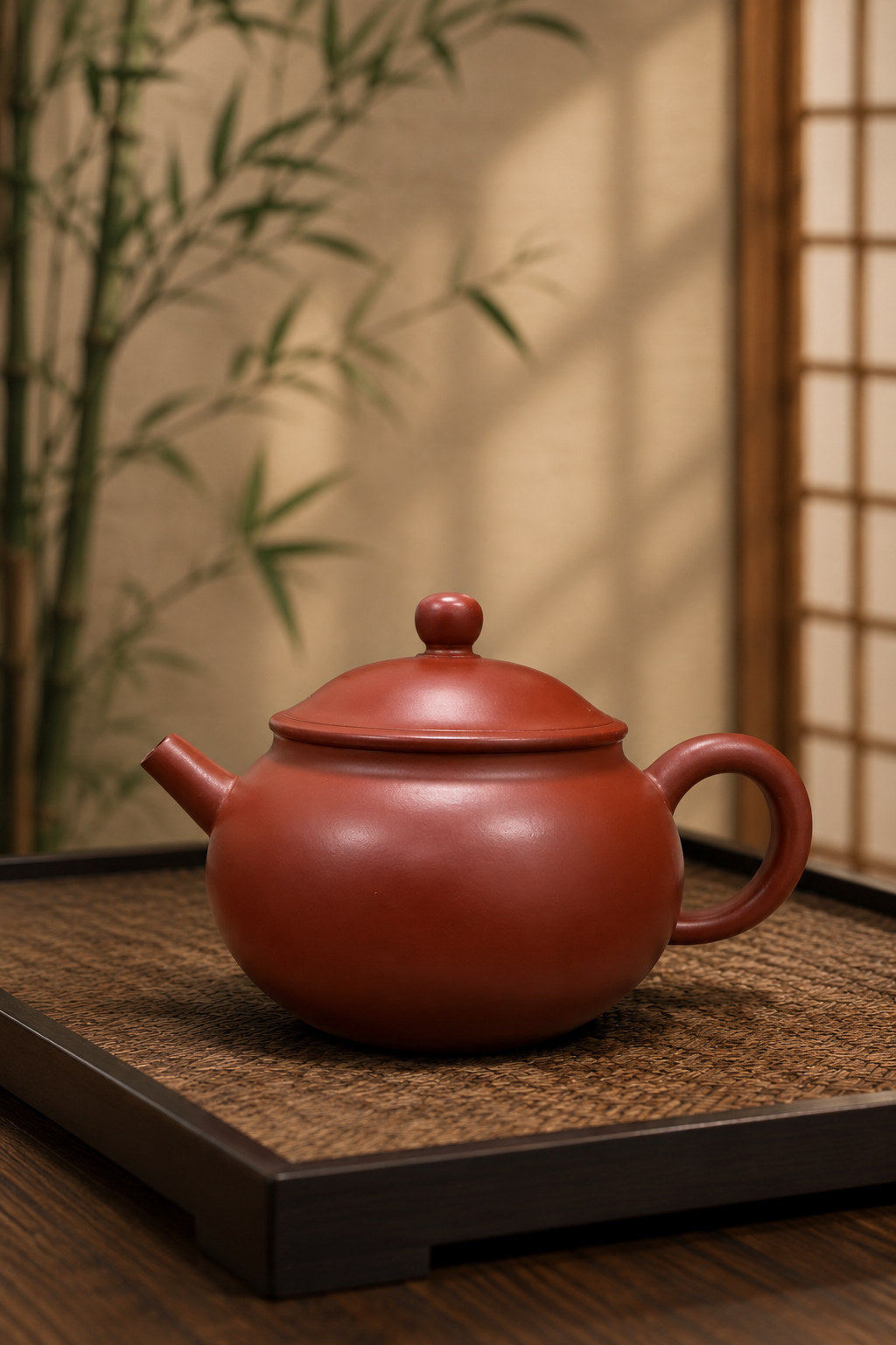 Yuan Bao teapot in Dahongpao Clay, full side view of the rounded body on a woven tea tray