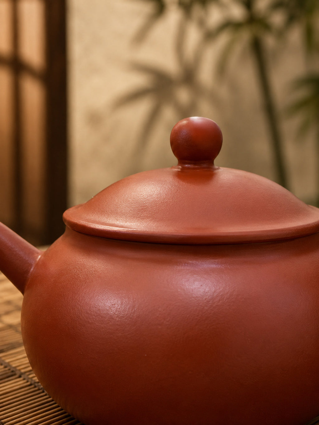 Yuan Bao teapot, close-up of the domed lid, round knob, and smooth body
