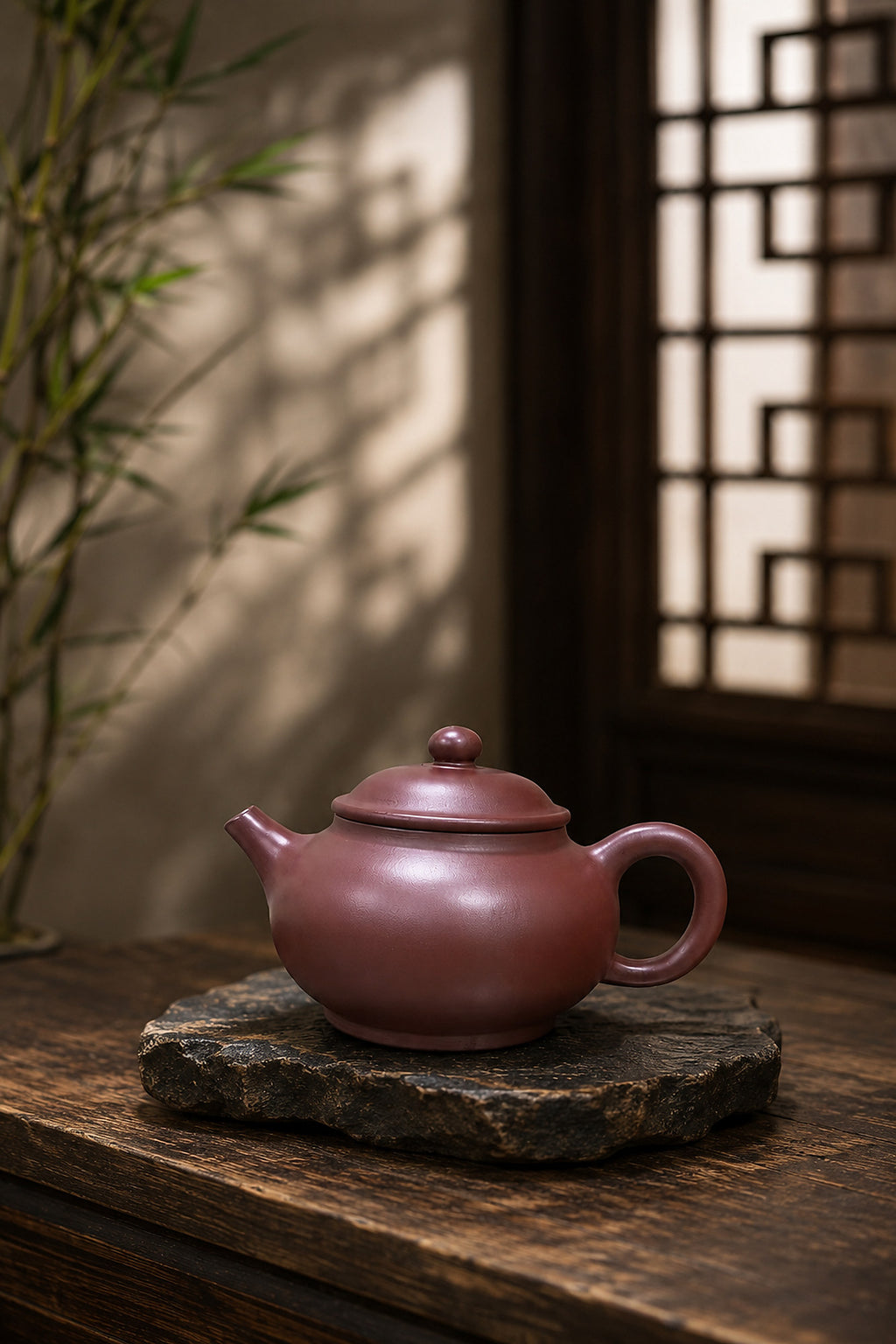 Dicaoqing Zini Yuan Bao teapot, full side view on stone