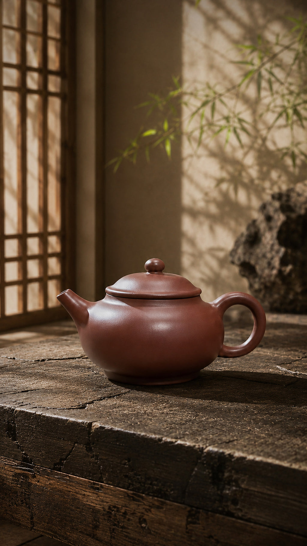 Dicaoqing Zini Yuan Bao teapot on rustic wood