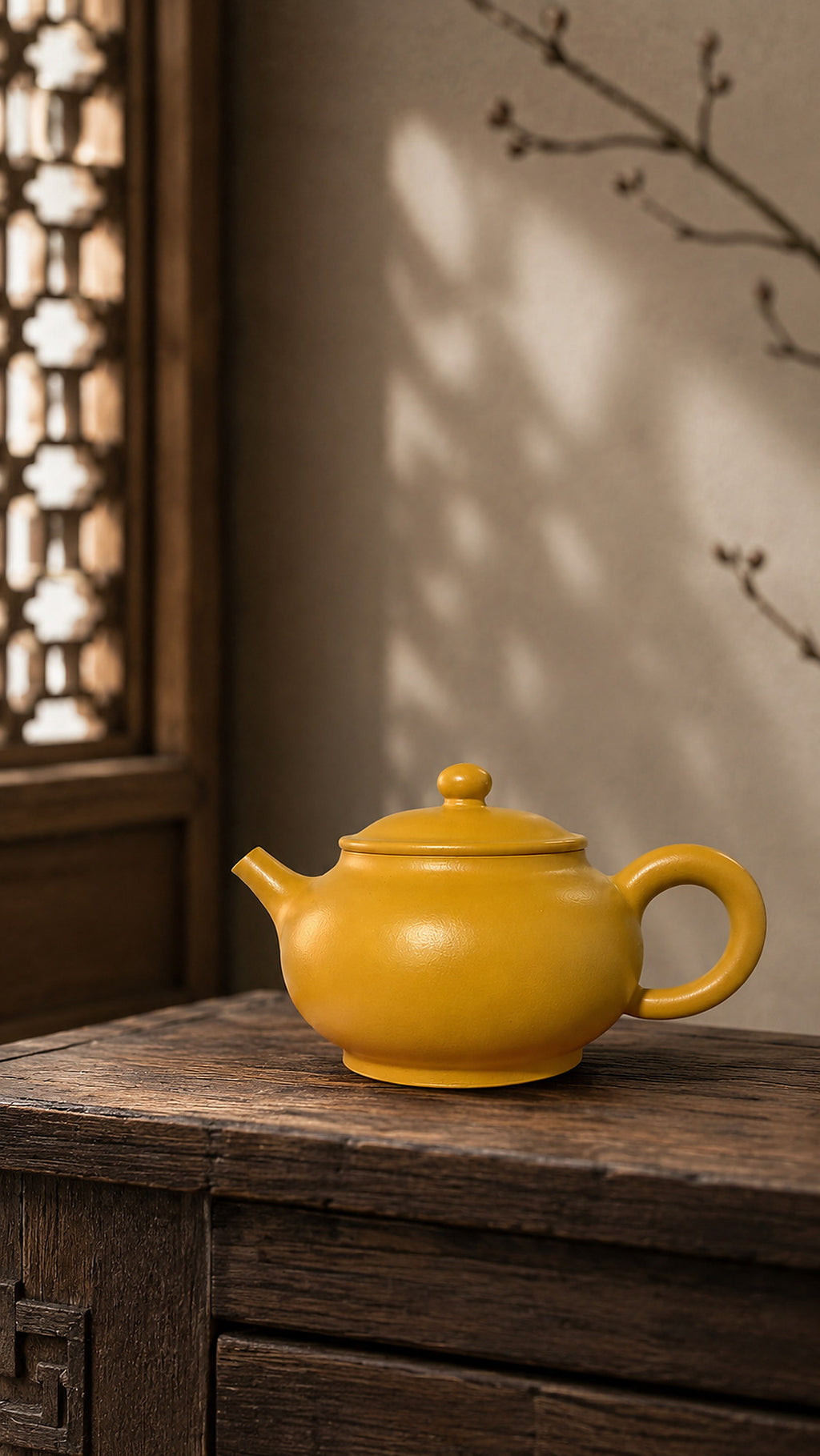Yuan Bao Yixing teapot in golden Zhuni, left profile on a rustic cabinet