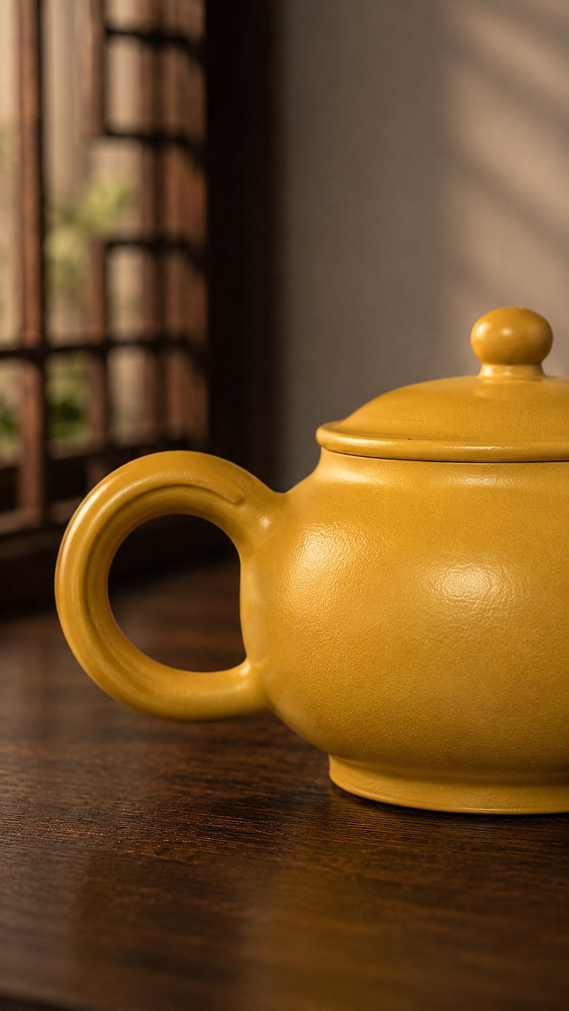 Yuan Bao Yixing teapot in golden Zhuni, close-up of loop handle and raised foot