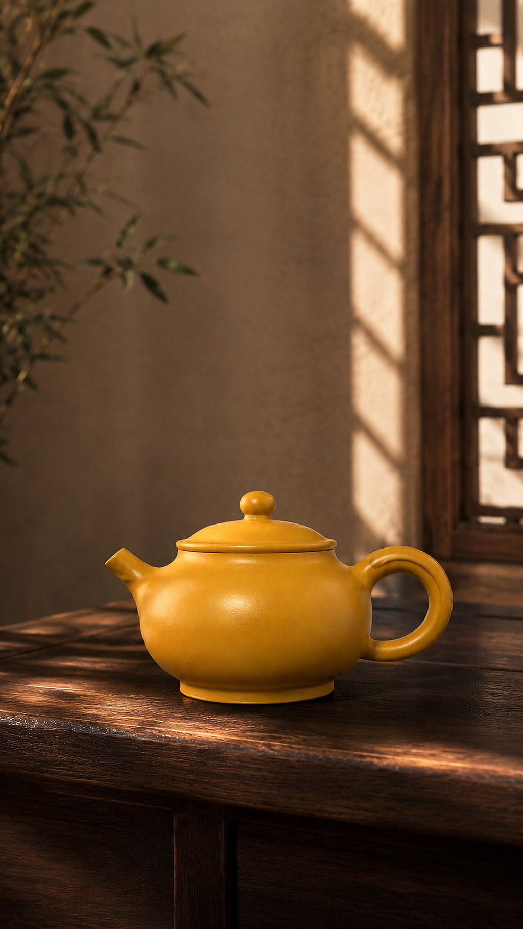 Yuan Bao Yixing teapot in golden Zhuni, left profile in warm window light