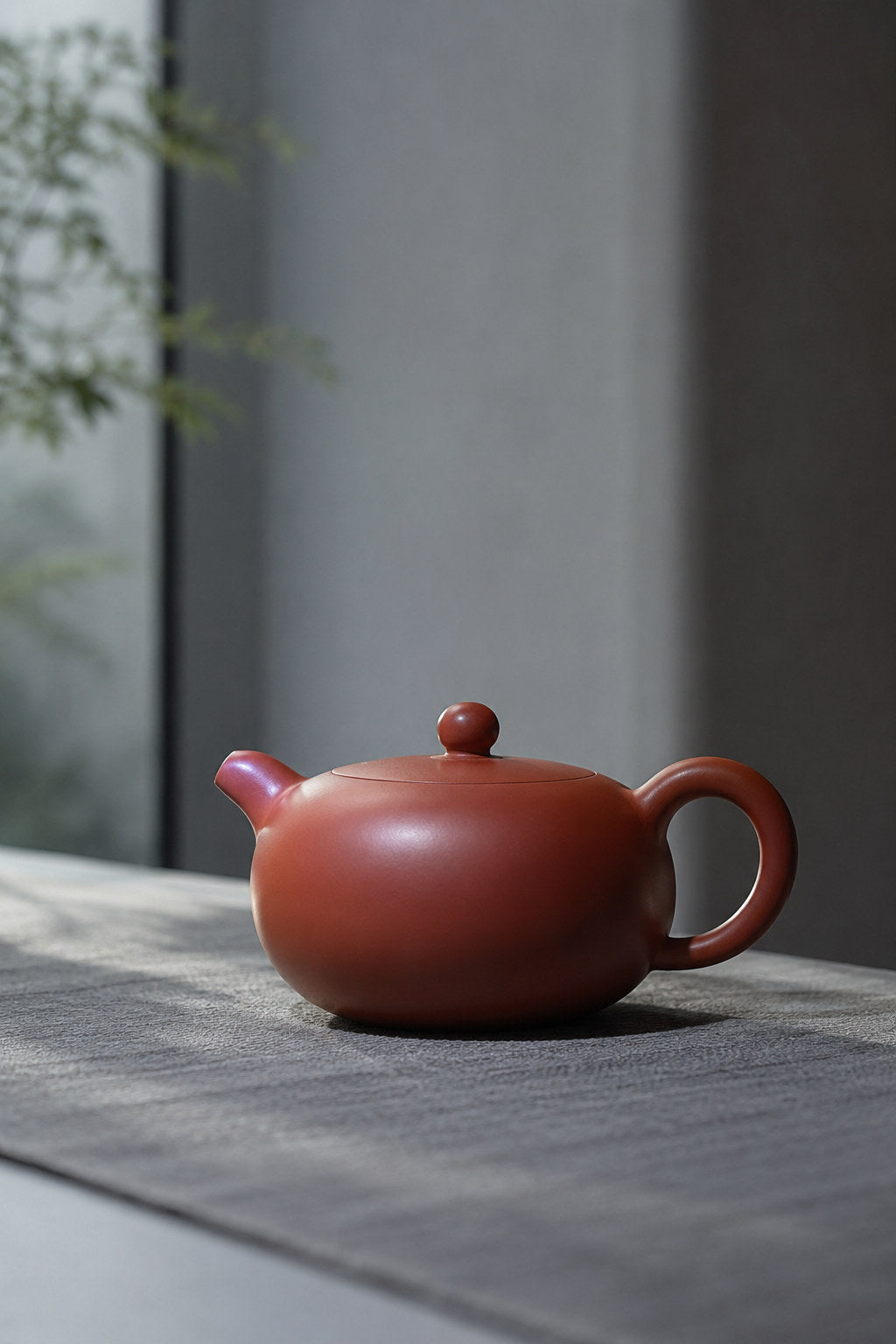 Yuan Zhu teapot, full alternate side view on a gray table in cool window light