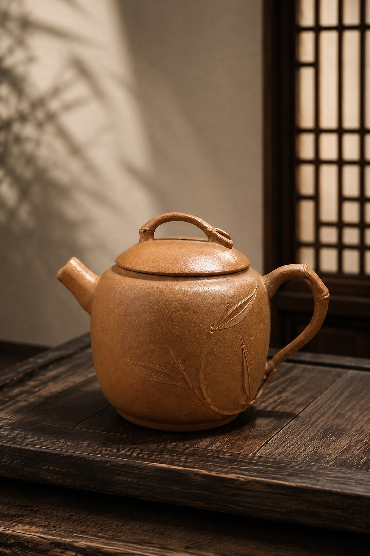 Yuan Zhu Yixing teapot in golden Duanni, left profile on a dark wood table
