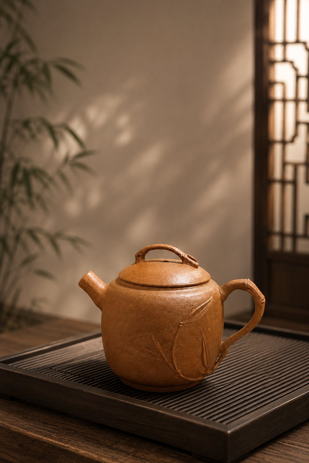 Yuan Zhu Yixing teapot in golden Duanni, left profile on a slatted tea tray