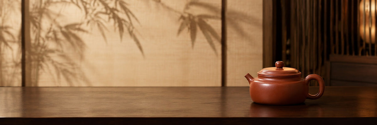 Yixing zisha teapot on a dark wood tea table with bamboo shadows on a rice-paper screen